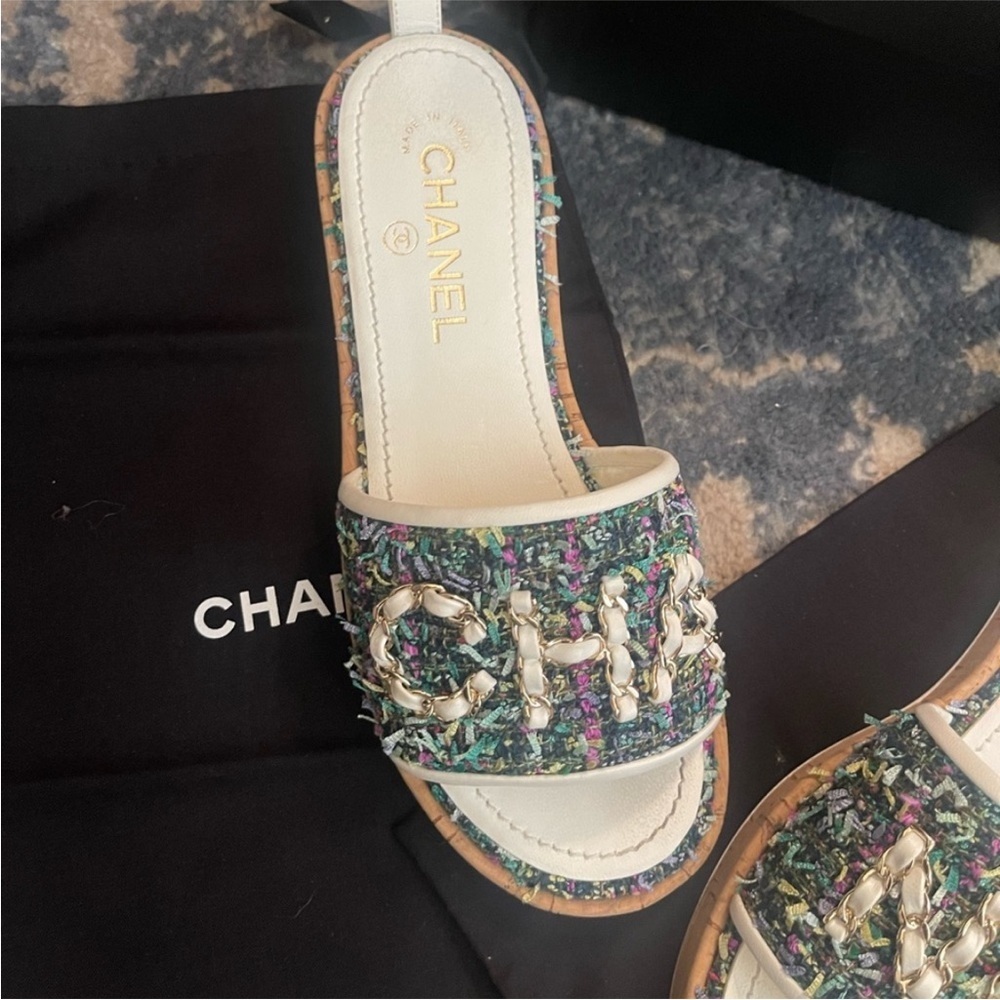 Chanel Tweed Slides Cork Mule Heel 21C White Sandals Slides Size 39 - Picture 4 of 12